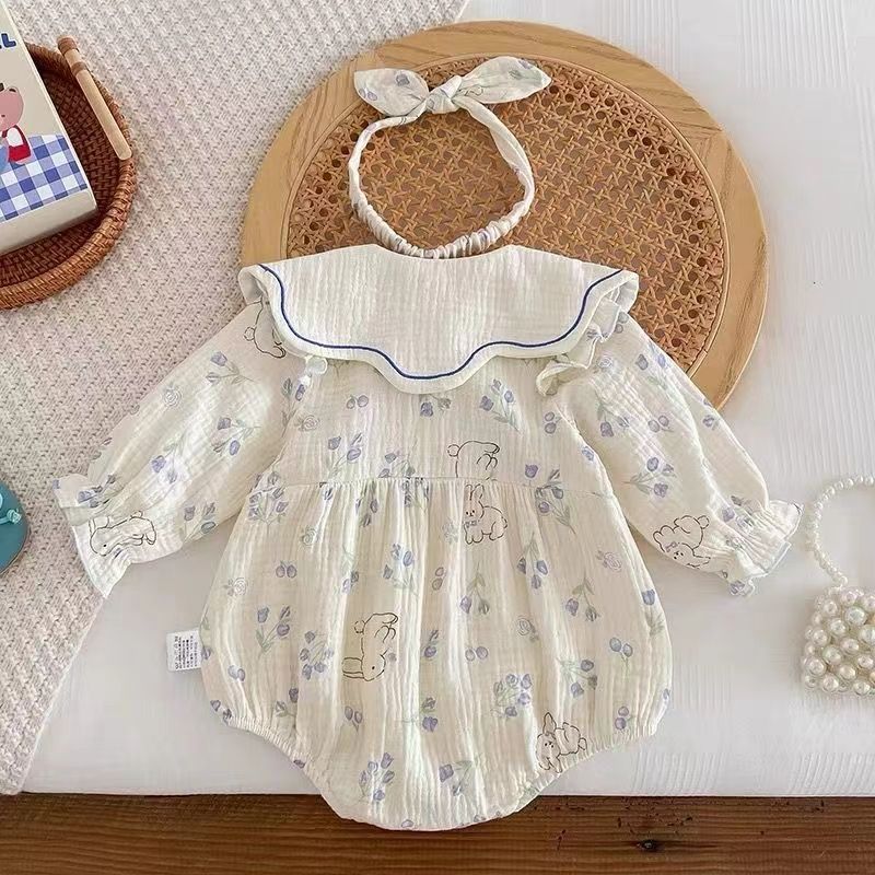 Søde baby body med blomstermønster og hårbånd (0-18 mdr.)