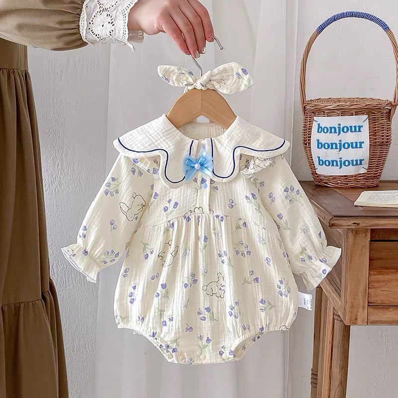 Søde baby body med blomstermønster og hårbånd (0-18 mdr.)
