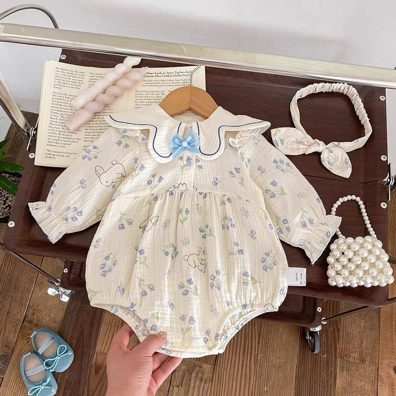 Søde baby body med blomstermønster og hårbånd (0-18 mdr.)