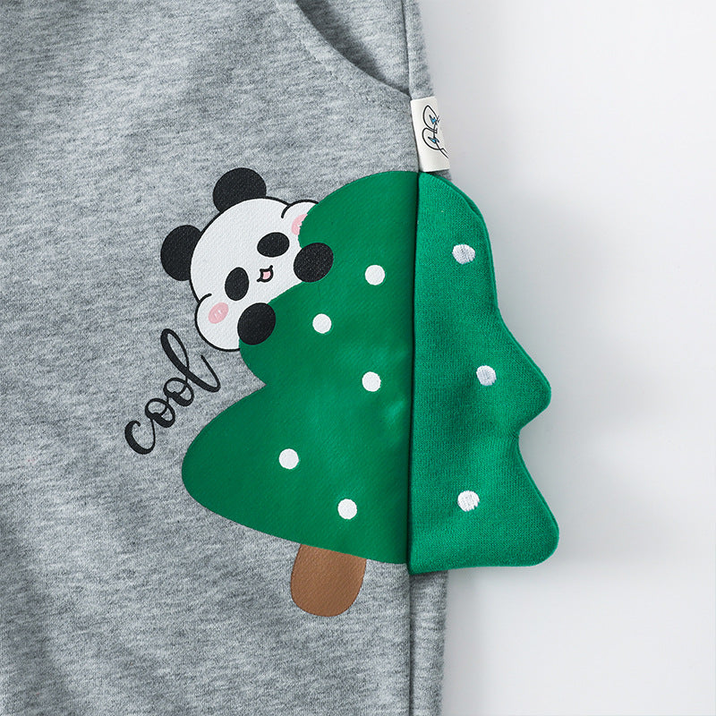 Børne sweatpants med panda og træ print-mørkegrå (1-8 år)