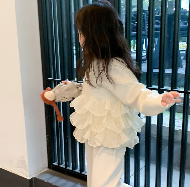 Eegante børnesweater med flæsedetaljer til piger(1-10år)