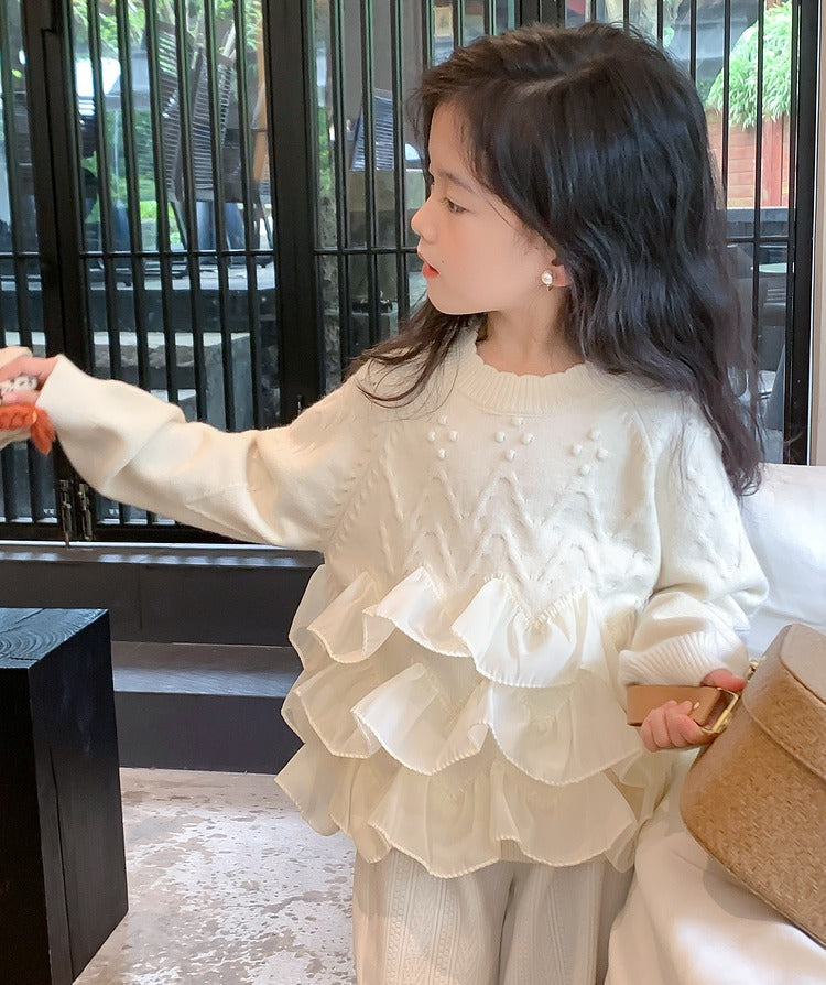 Eegante børnesweater med flæsedetaljer til piger(1-10år)