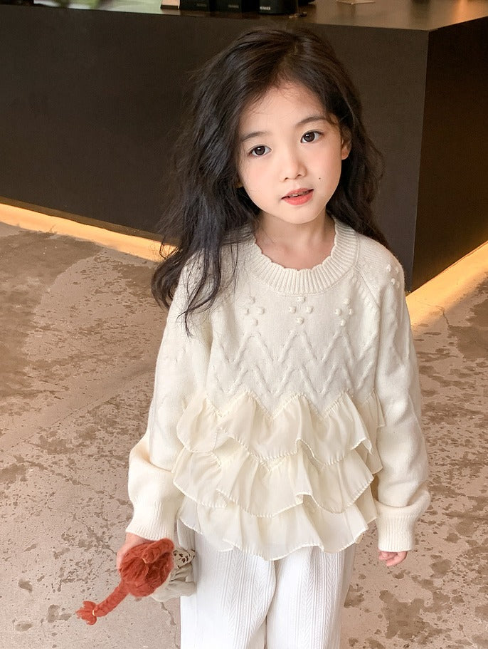 Eegante børnesweater med flæsedetaljer til piger(1-10år)