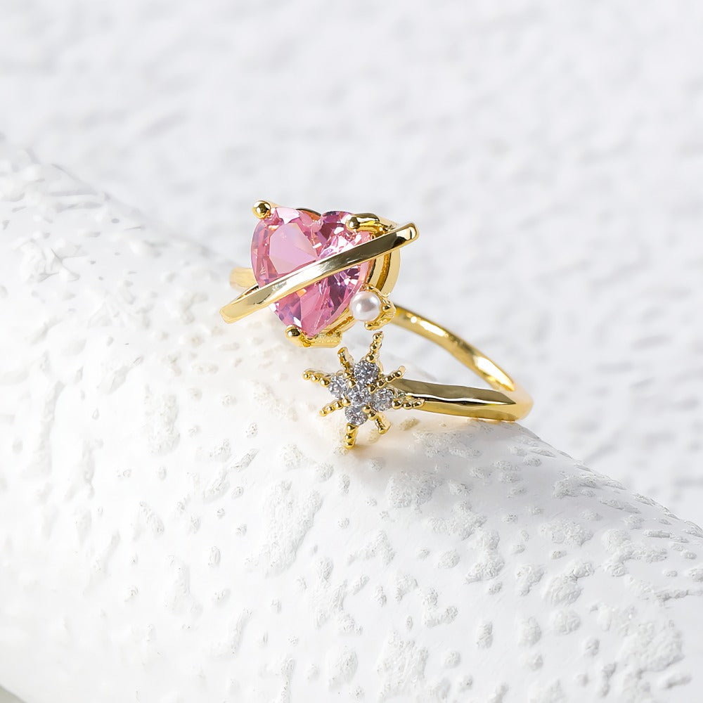 14K Forgyldt Justerbar Ring med Pink Hjerteformet Zirkonia og Stjernedetalje