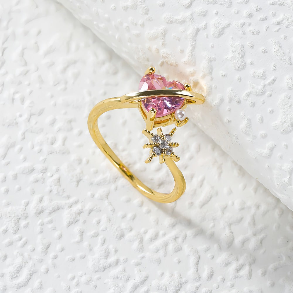 14K Forgyldt Justerbar Ring med Pink Hjerteformet Zirkonia og Stjernedetalje