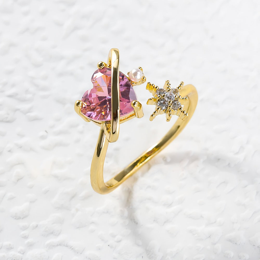 14K Forgyldt Justerbar Ring med Pink Hjerteformet Zirkonia og Stjernedetalje