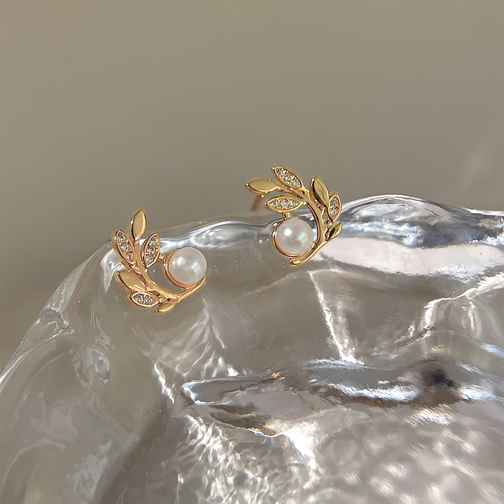 14K Forgyldte 925 Sterling Sølv Nåle Blad & Perle Øreringe – Naturlig Elegance og Klassisk Skønhed4