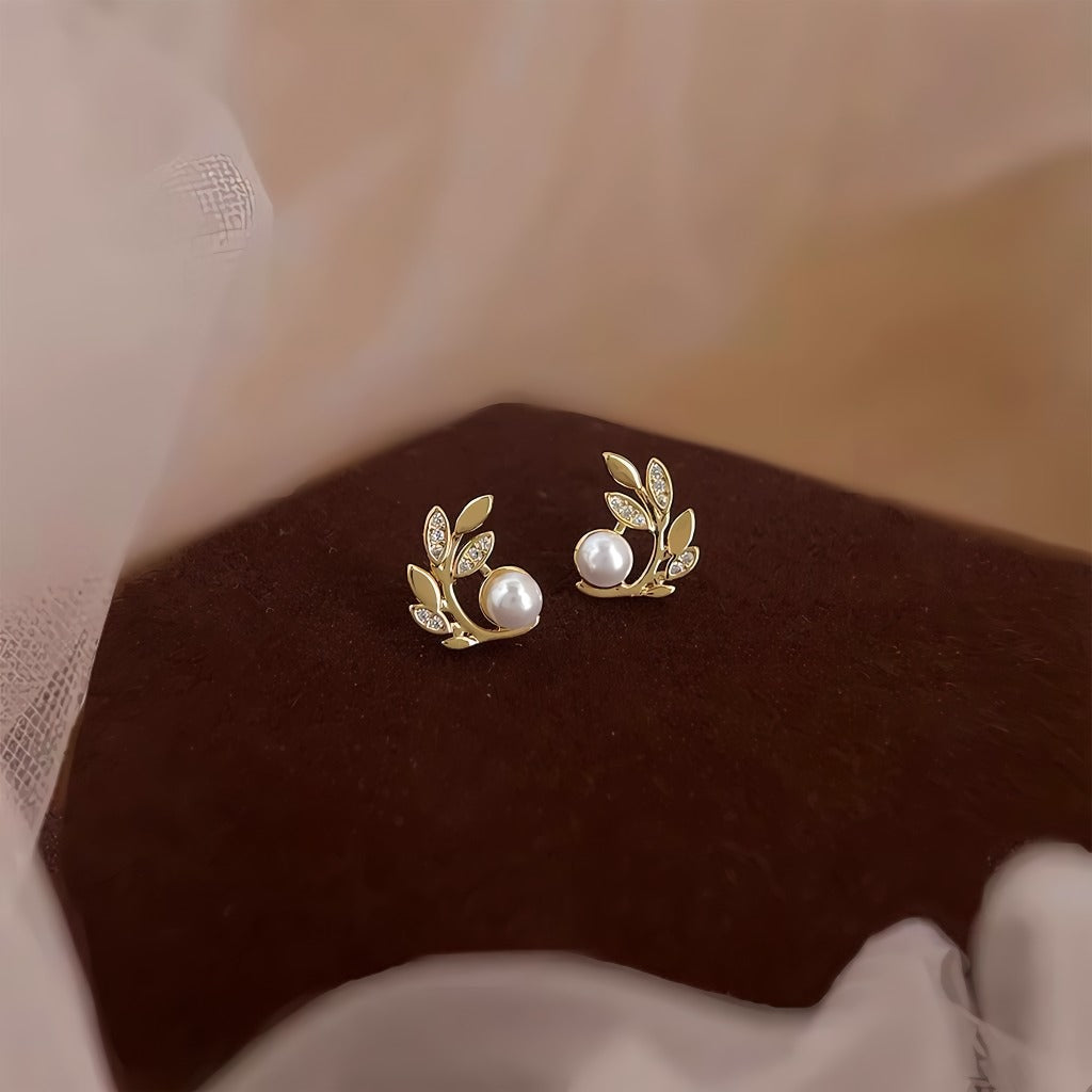 14K Forgyldte 925 Sterling Sølv Nåle Blad & Perle Øreringe – Naturlig Elegance og Klassisk Skønhed4