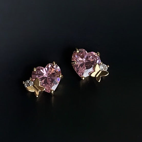 14K Forgyldte 925 sterling sølv nåle Hjerteformede Øreringe med Sommerfugl og Skinnende Zirkonia