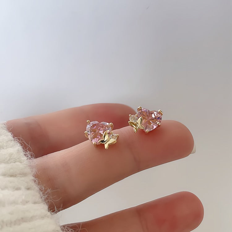 14K Forgyldte 925 sterling sølv nåle Hjerteformede Øreringe med Sommerfugl og Skinnende Zirkonia