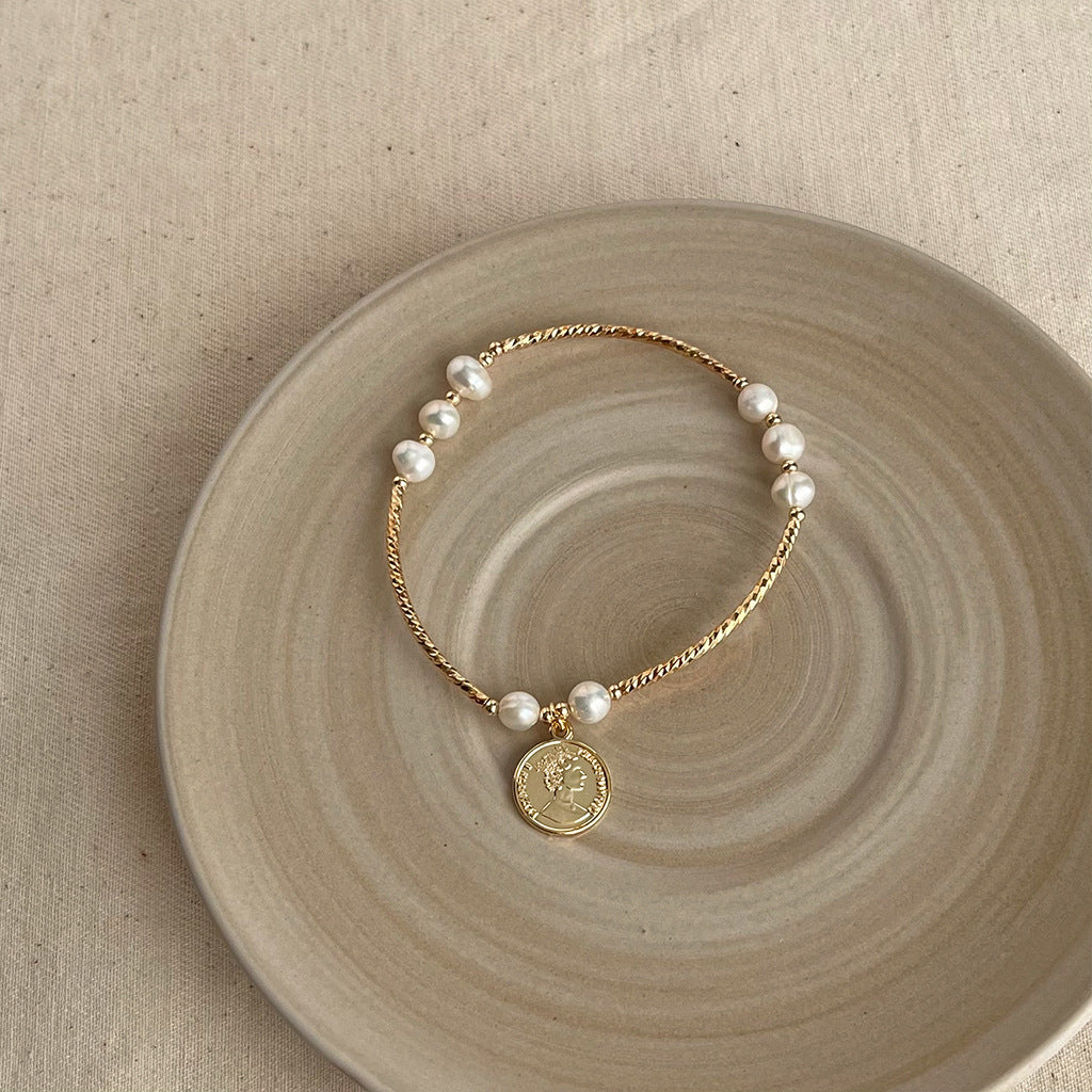 14K guldbelagt/forgyldt håndlavet naturlige ferskvandsperler og mønt armbånd