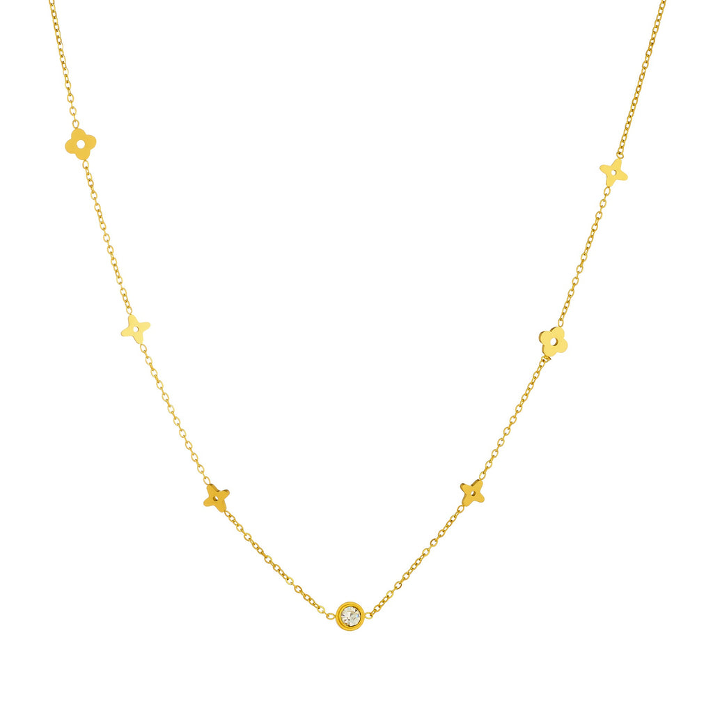 18K Guld Belagt Rustfrit Stål Halskæde med Krystal og Blomsterformede Detaljer – Elegant og Tidløst Design