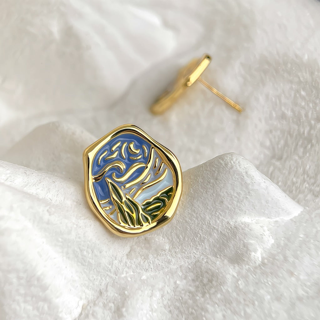 925 Sølvnål 18K Forgyldning Øreringe med Van Gogh-inspireret Stjernemotiv – Håndemaljeret