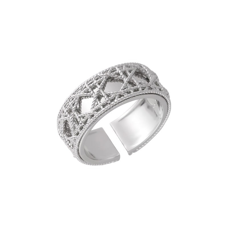 925 Sterling Sølv Bred Justerbar Ring med Udskåret Mønster – Elegant og Vintage-Inspireret Design
