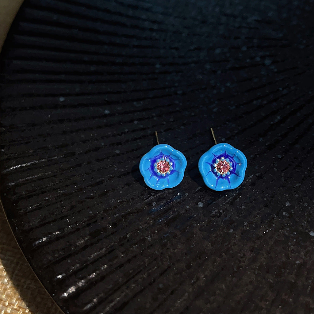 925 Sølvnål Elegante Blomsterformede Ørestikker i Blå Emalje
