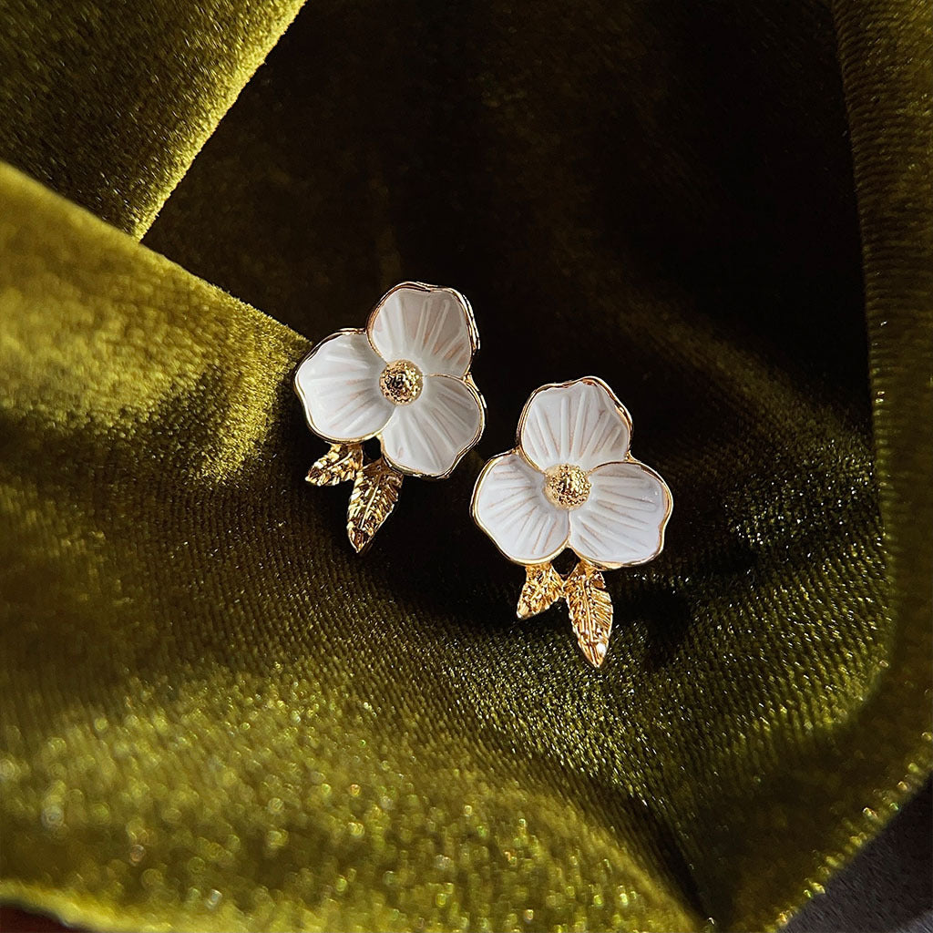925 sølv nål 14K forgyldt friske hvide camellia øreringe