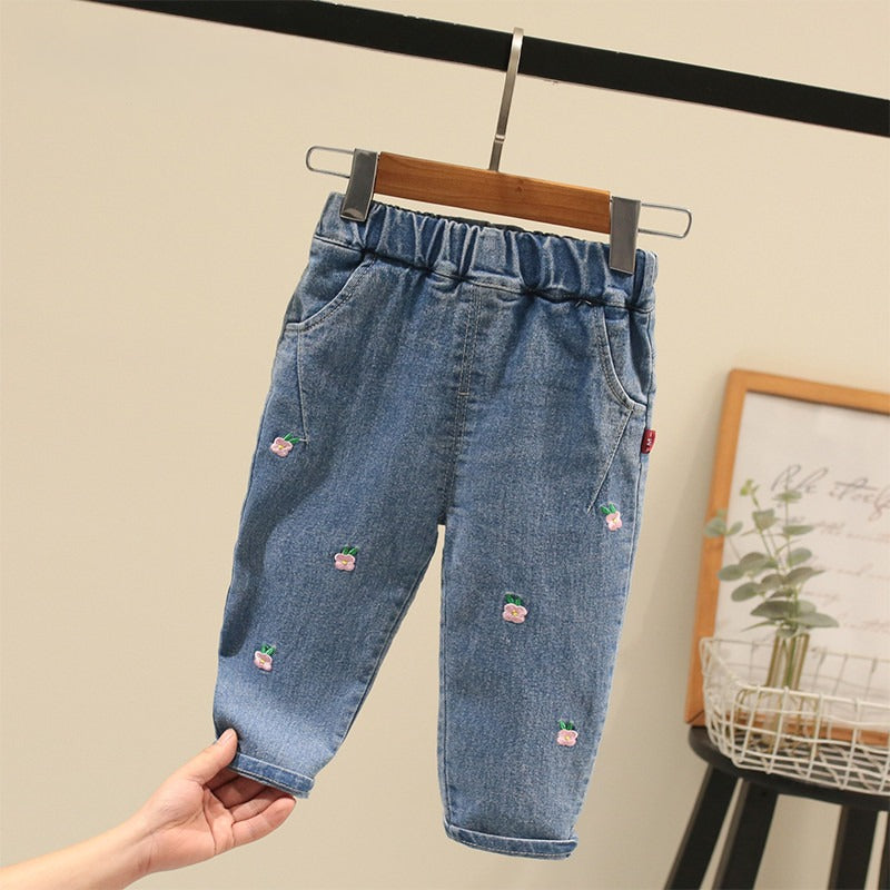Børnetøjssæt med Blomsterbroderi-Trøje og Jeans (1-6 år)