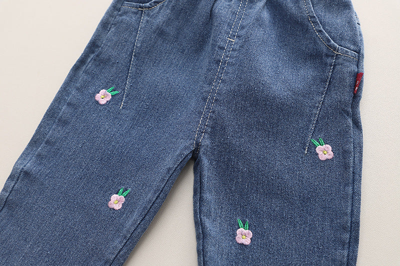 Børnetøjssæt med Blomsterbroderi-Trøje og Jeans (1-6 år)