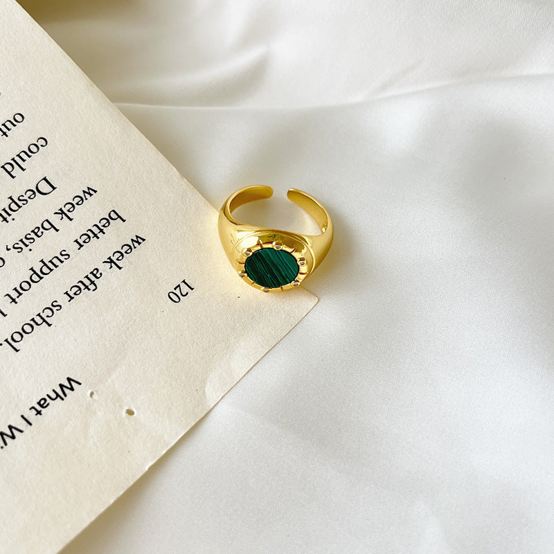 Fransk S925 sølv minimalistisk grøn cirkulær guldbelagt ring