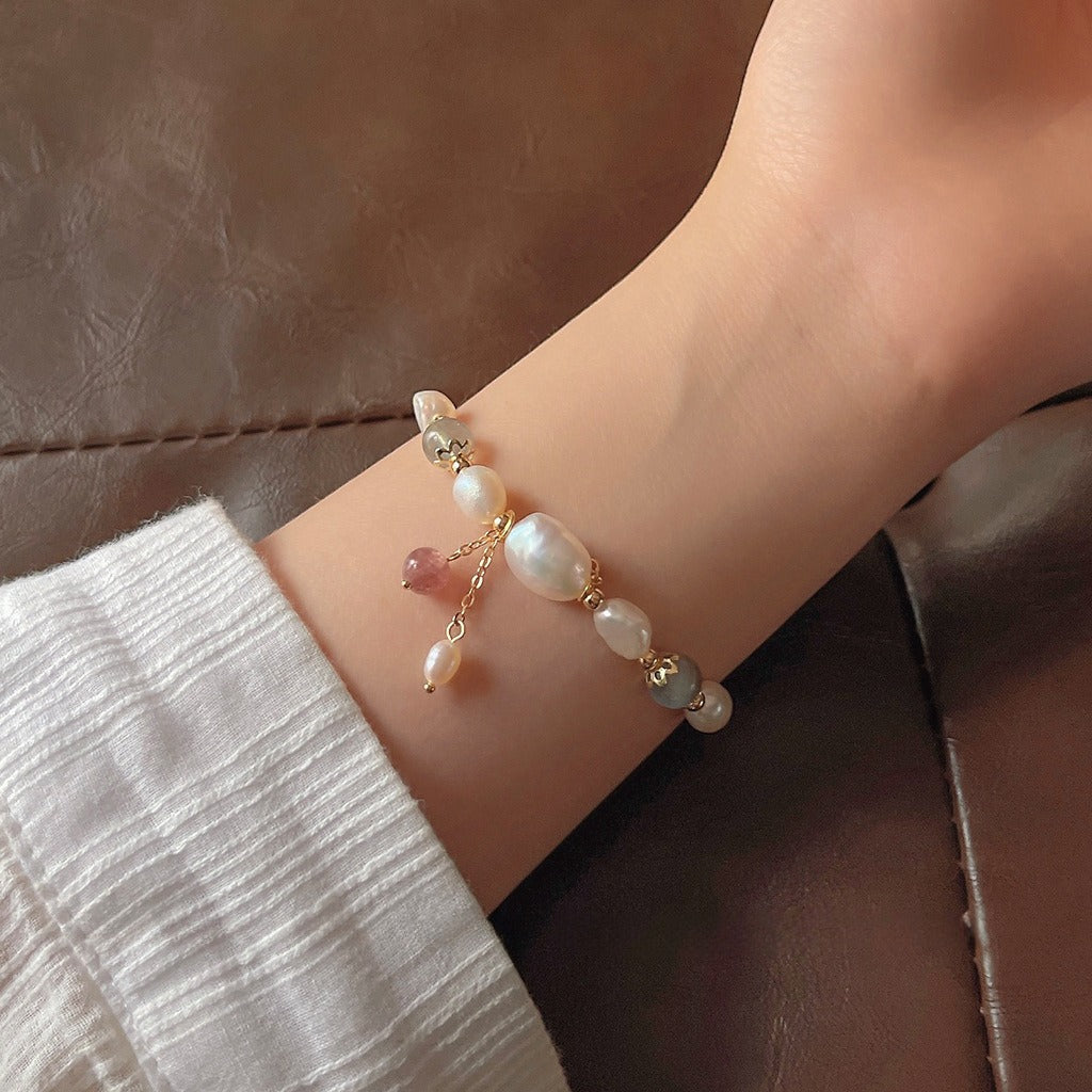 14K guldbelagt/forgyldt håndlavet naturlige ferskvandsperler månesten armbånd
