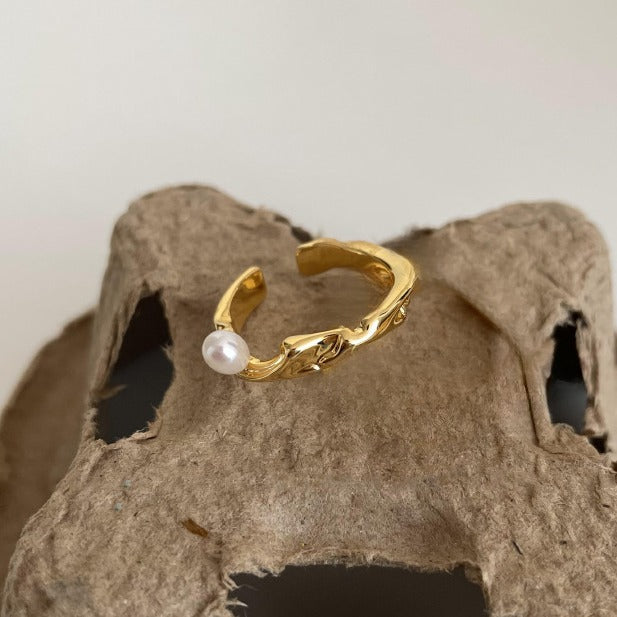 Justerbar åben ring i 925 sterling sølv med 14K guld forgyldt og perle