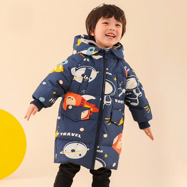 Dunkelblaue lange Daunenjacke (90% weiße Entendaunen und 10% Federn) für Kinder mit Raketenmuster