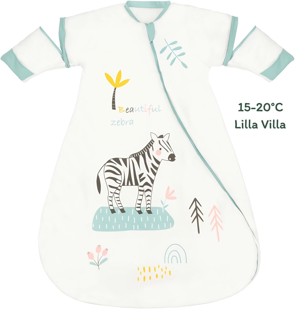 Varm sovepose til 15-20°C til baby (str.: 0-18 mdr.) med aftagelige ærmer – zebra