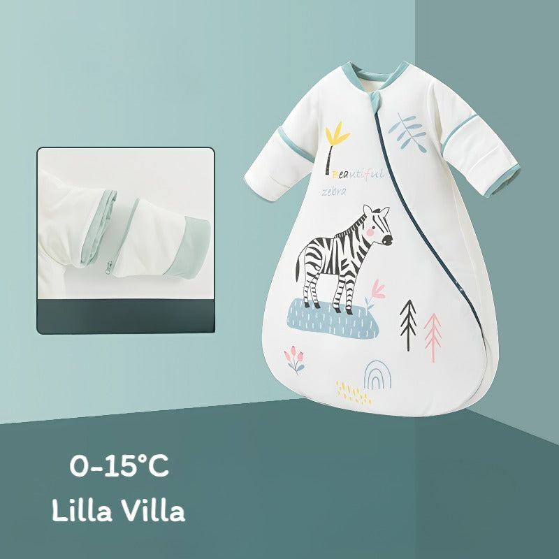 Varm vinter sovepose til 0-15°C til baby (str.: 0-18 mdr.) med aftagelige ærmer – zebra