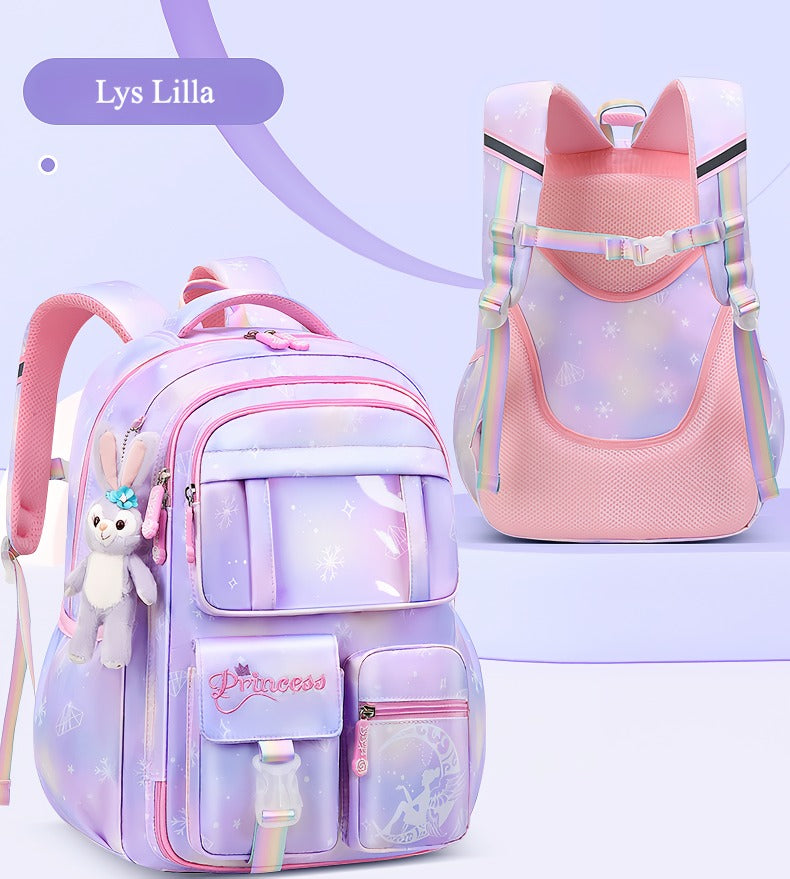 Lilla rygbeskyttende skoletaske med bamse nøglering til piger
