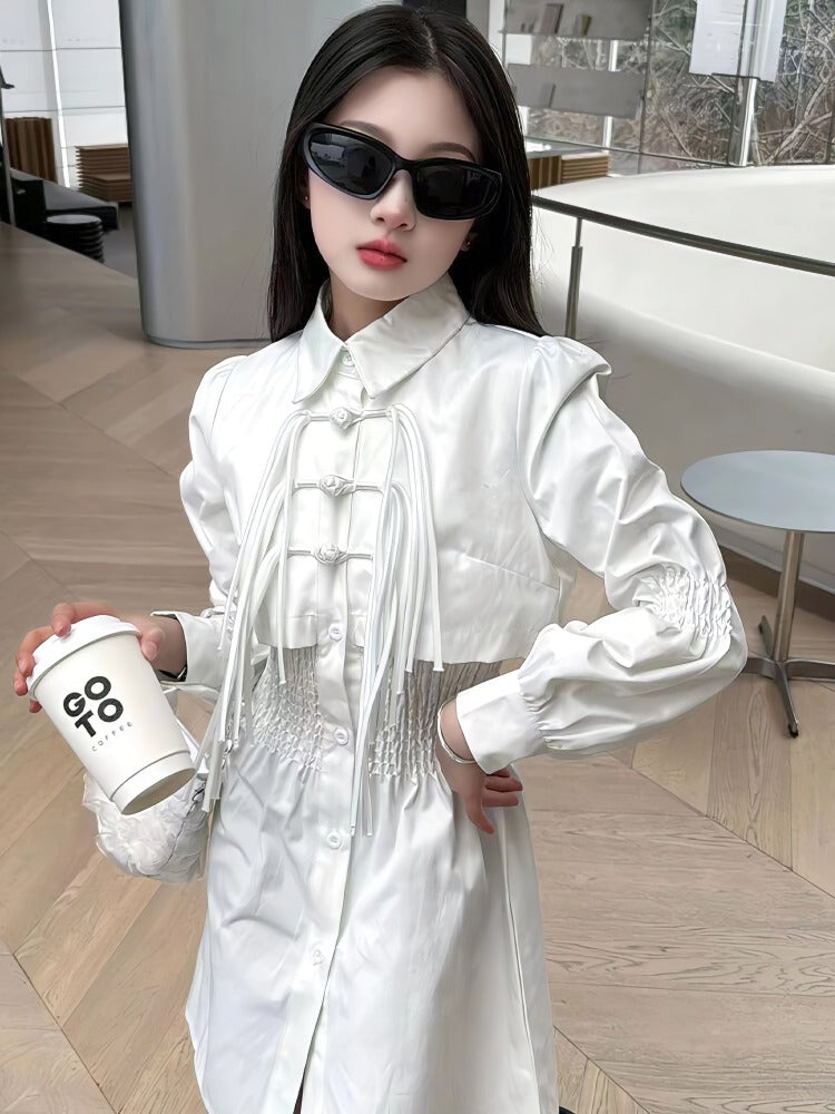 Elegant hvid skjortekjole med knappedetaljer til piger (5-14 år)
