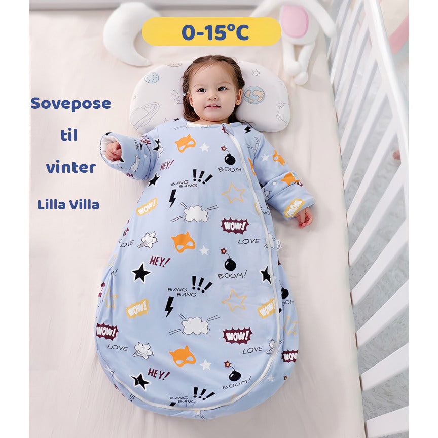 Tygde vinter sovepose til 0-15°C til baby/børn(Str.:9mdr.-6år) med aftagelige ærmer-superpower