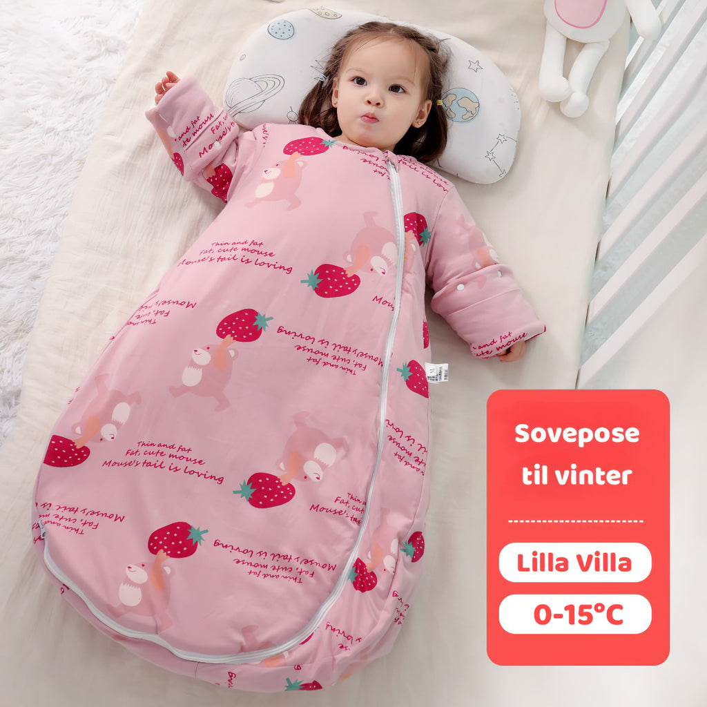 Tygde vinter sovepose til 0-15°C til baby/børn(Str.:9mdr.-6år) med aftagelige ærmer-jordbær
