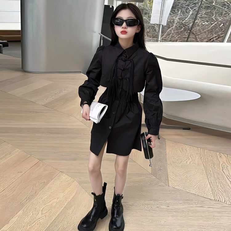 Elegant sort skjortekjole med knappedetaljer til piger (5-16 år)