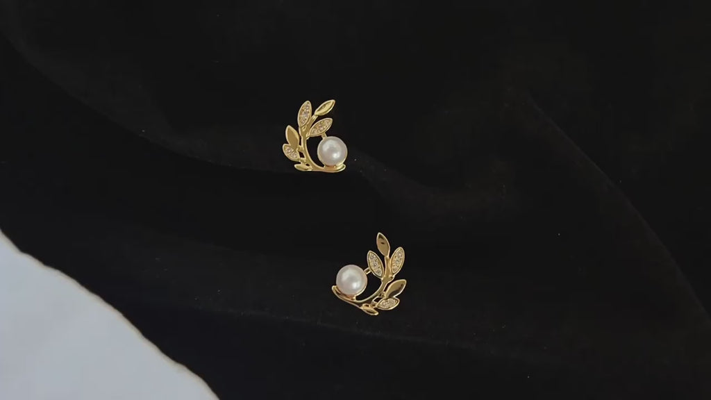 14K Forgyldte 925 Sterling Sølv Nåle Blad & Perle Øreringe – Naturlig Elegance og Klassisk Skønhed4