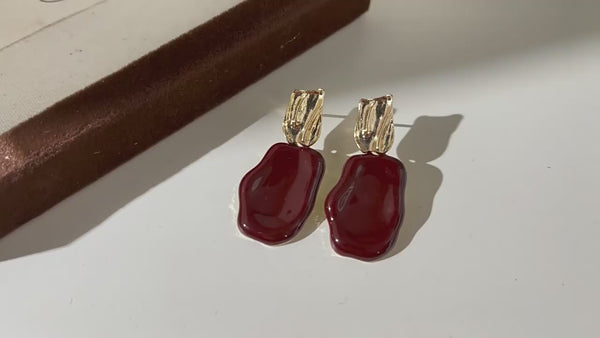 925 sølv nål 14K forgyldt vinrød dryp glasur vintage håndlavede uregelmæssige øreringe