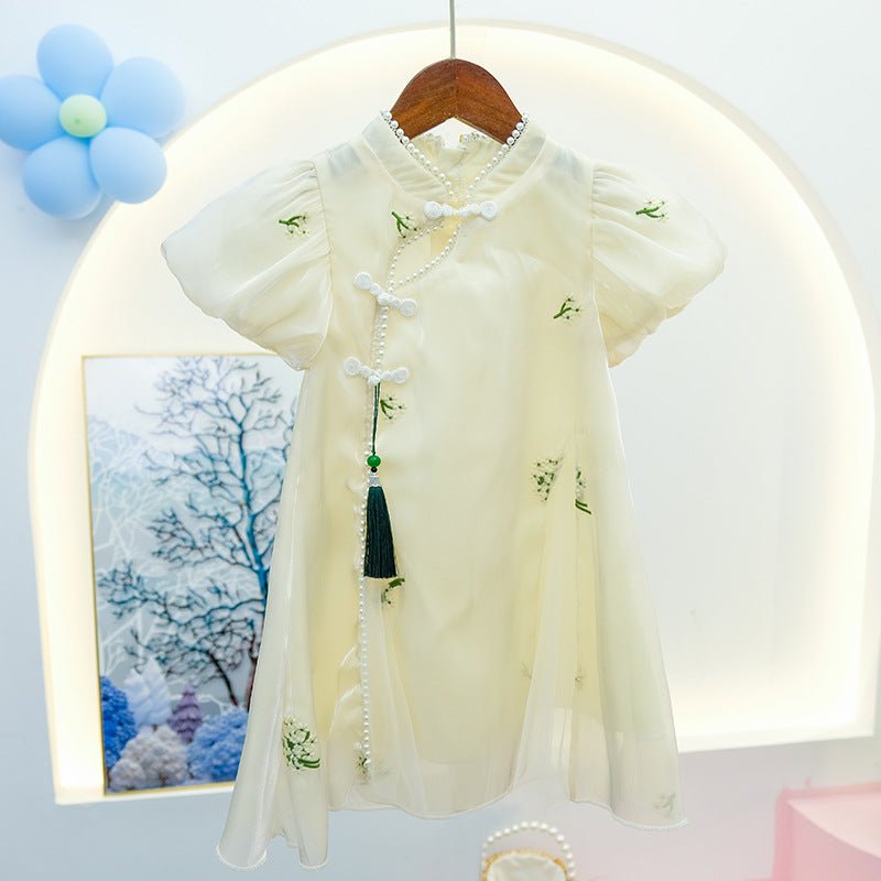 Broderet cheongsam kjole med pufærmer til piger - Lilla Villa