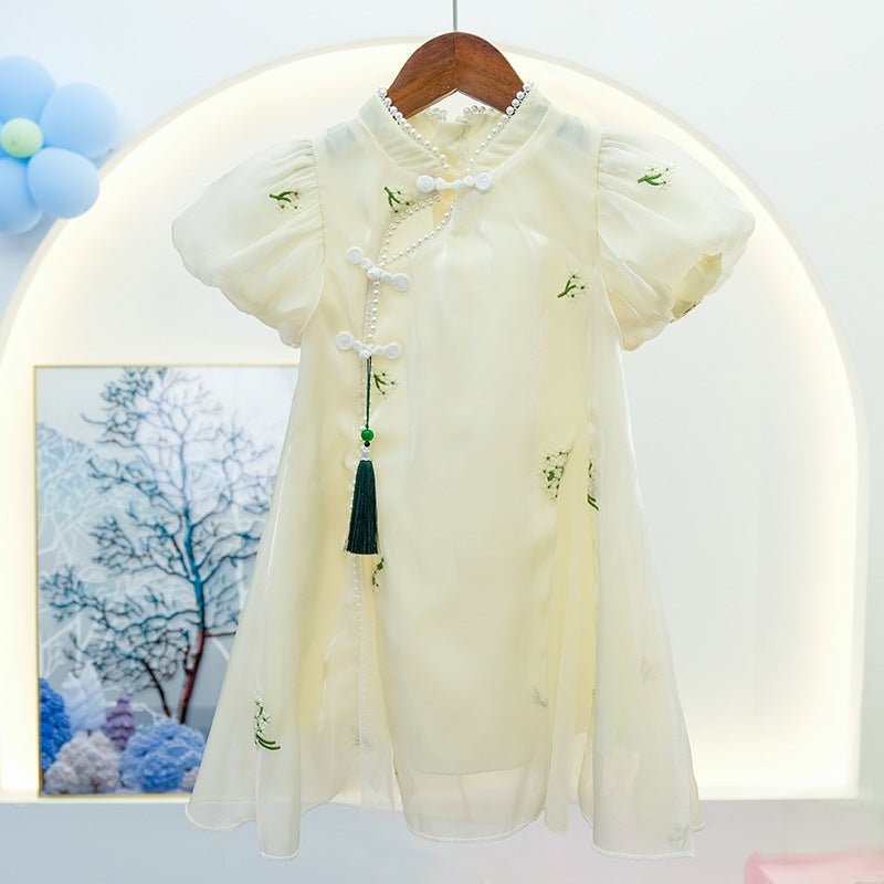 Broderet cheongsam kjole med pufærmer til piger - Lilla Villa