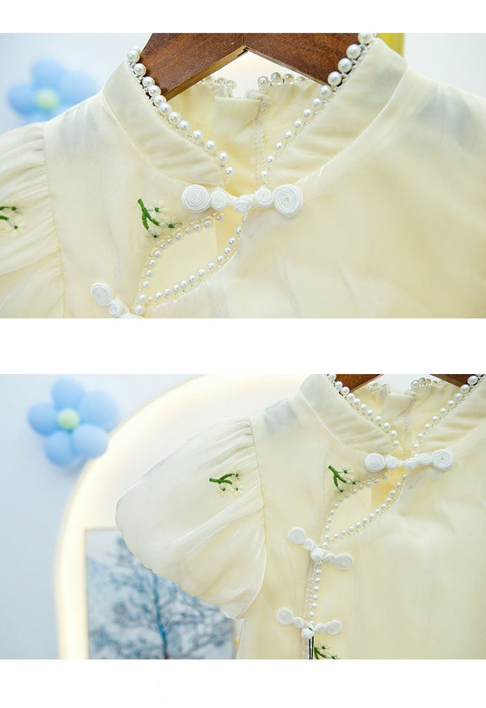 Broderet cheongsam kjole med pufærmer til piger - Lilla Villa