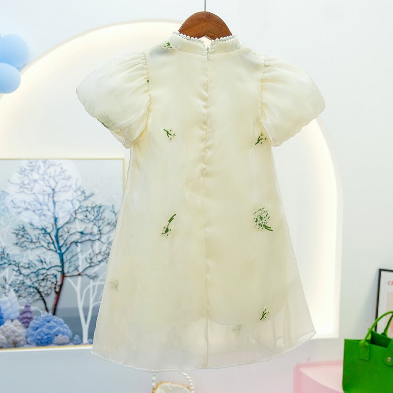 Broderet cheongsam kjole med pufærmer til piger - Lilla Villa