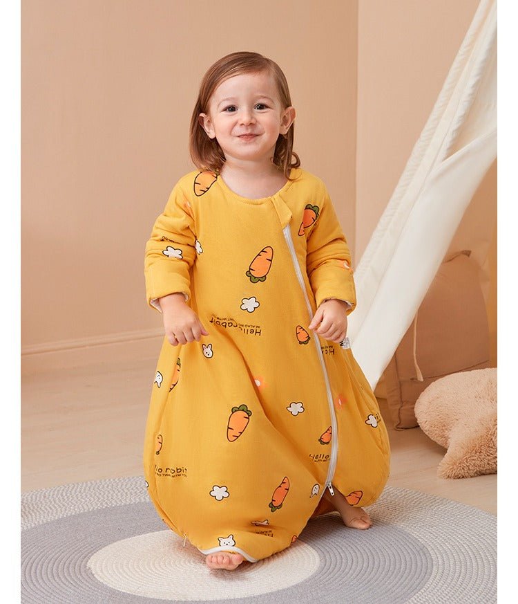 Tygde sovepose til 10-20°C til baby/børn(Str.0-4år) med aftagelige ærmer-gulerod - Lilla Villa