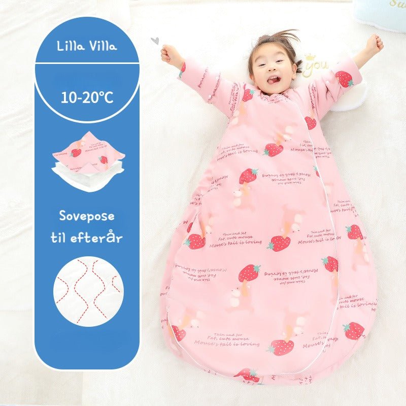 Tygde sovepose til 10-20°C til baby/børn(Str.0-4år) med aftagelige ærmer-jordbær - Lilla Villa
